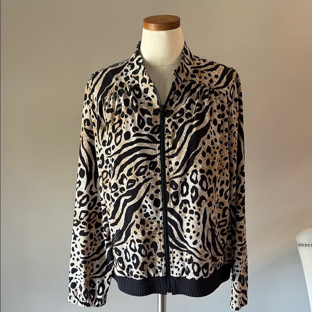 Chicos Animal Leopard Print Women's Lightweight Bomber Jacket Zip Up Pockets L